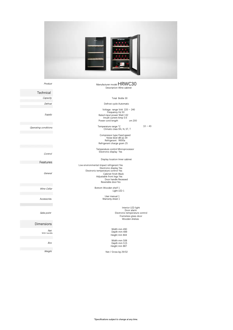 Page 1 de la notice Fiche technique Hisense HRWC30