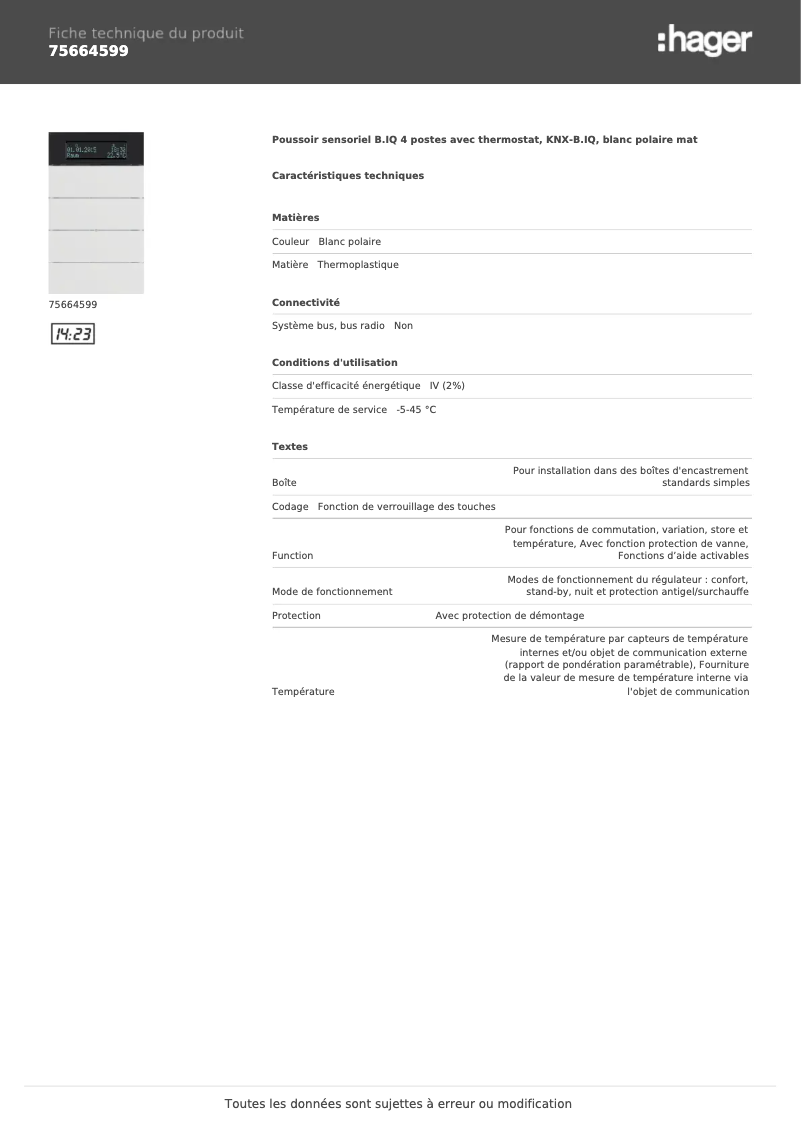 Page 1 de la notice Fiche technique Hager 75664599