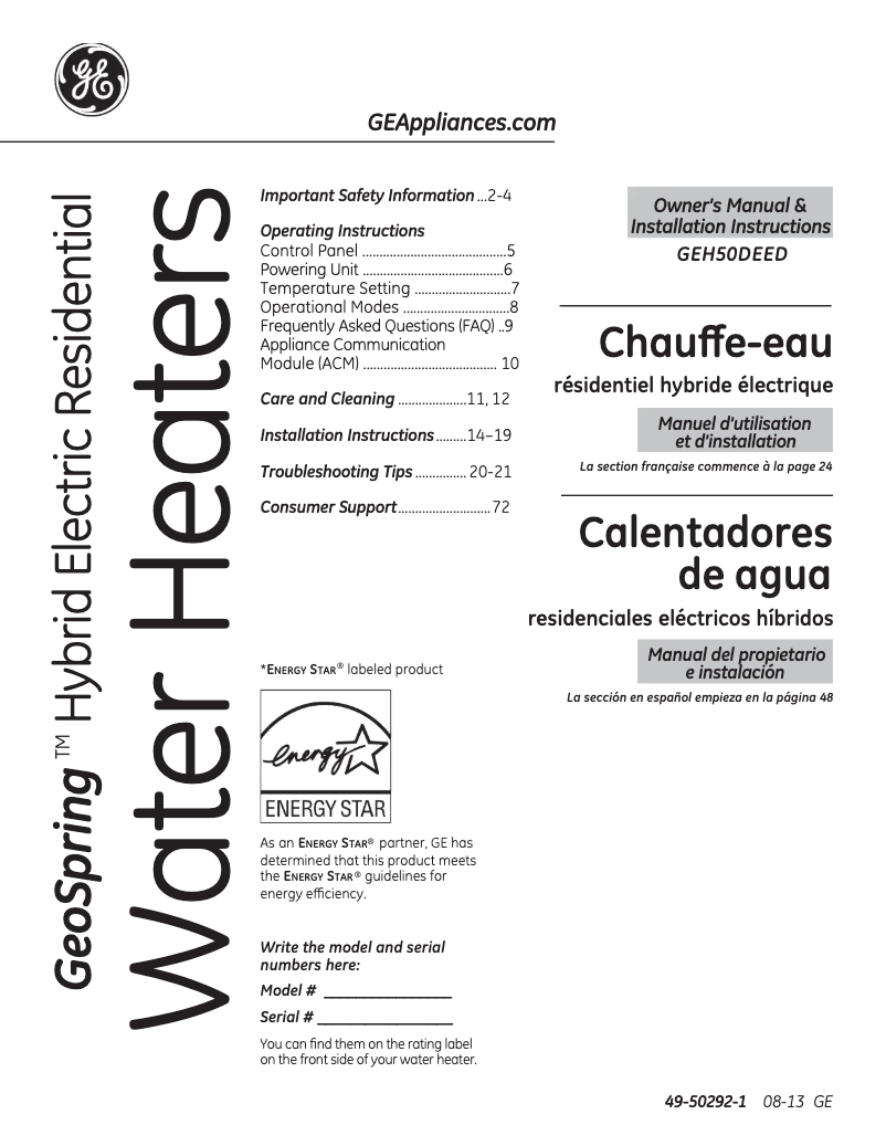 Page 1 de la notice Manuel d'utilisation et d'entretien GE GeoSpring H50DEEDSC