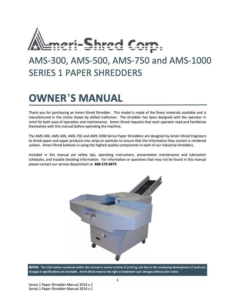Page n°1 - Manuel utilisateur Ameri-Shred AMS-500