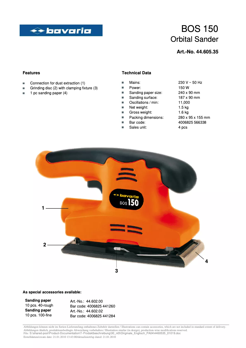Página 1 del manual Ficha técnica Bavaria BOS 150