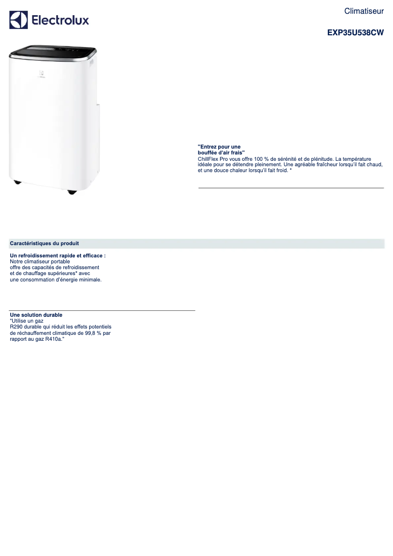 Page 1 de la notice Fiche technique Electrolux EXP35U538CW