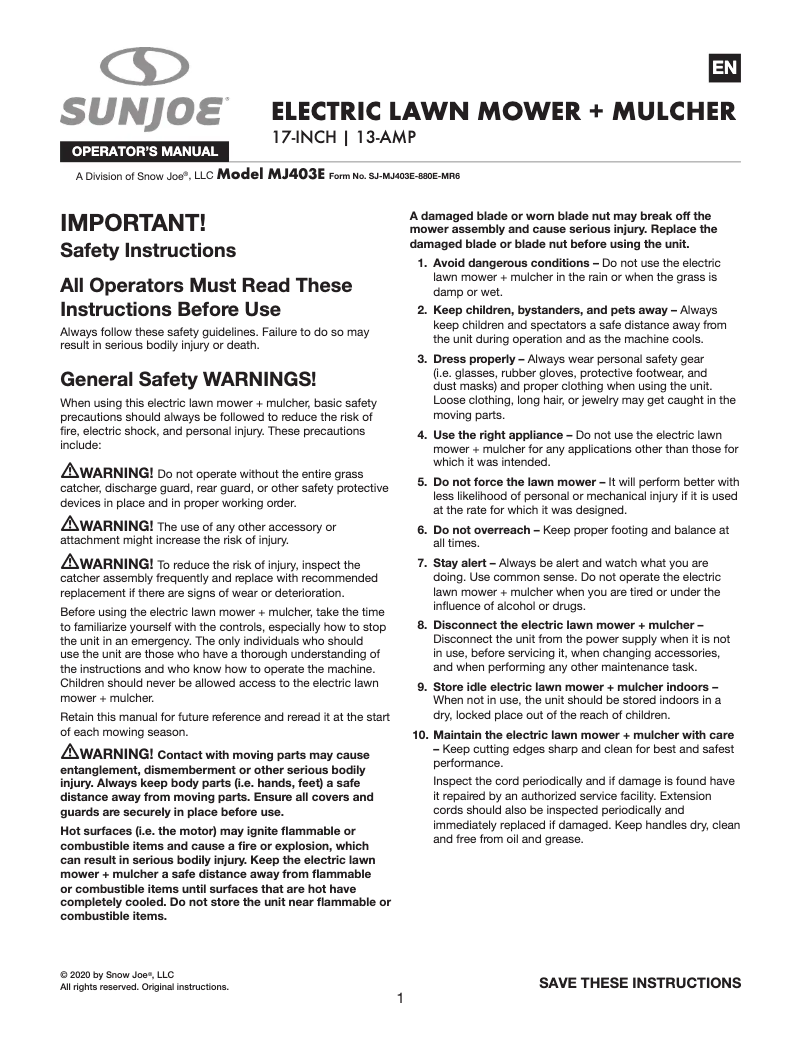Page 1 de la notice Manuel utilisateur Sun Joe MJ403E