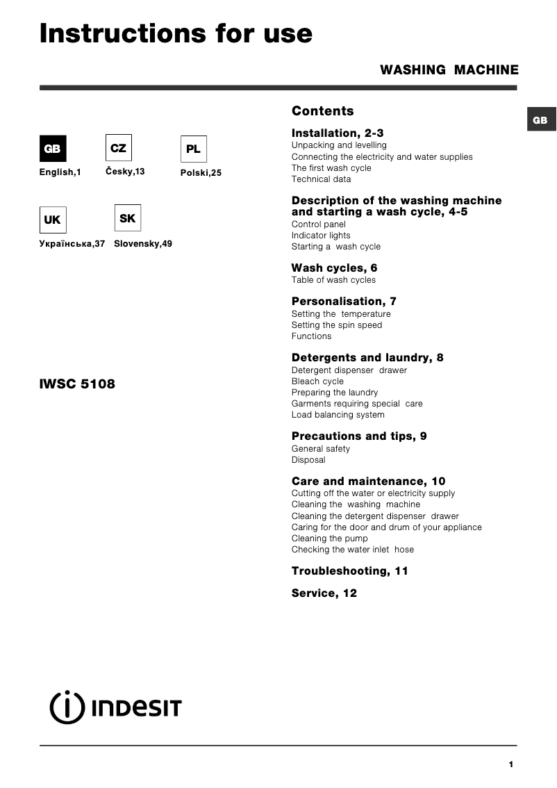 Page n°1 - Manuel utilisateur Indesit IWSC 5108