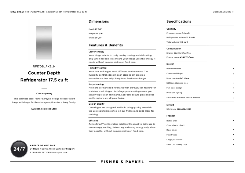 Page n°1 - Fiche technique Fisher & Paykel RF170BLPX6N