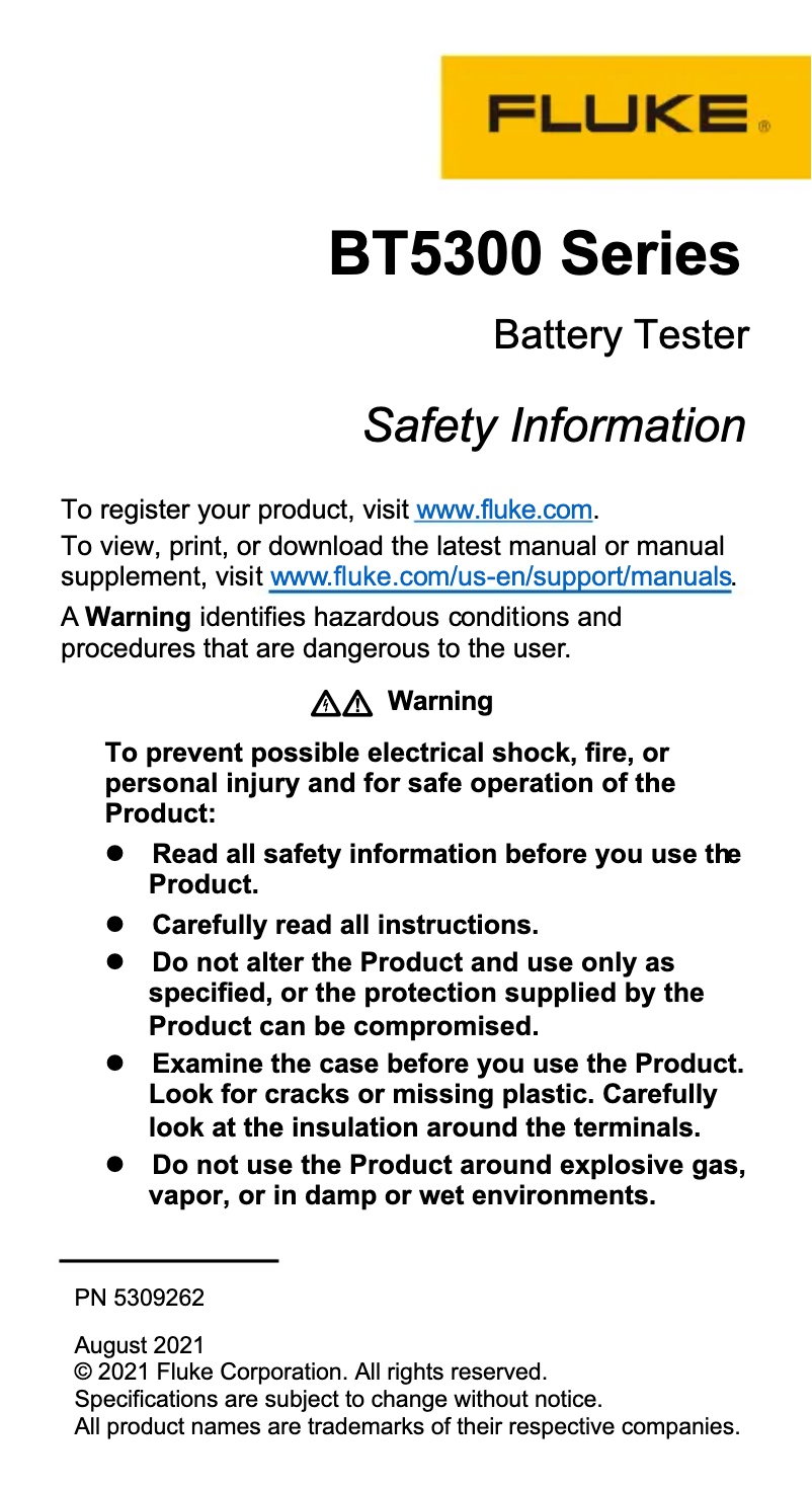 Página 1 del manual Instrucciones de seguridad Fluke BT5300