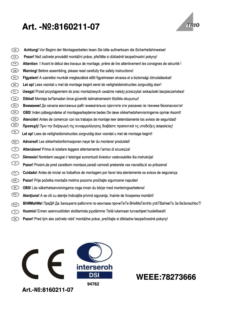 Page 1 de la notice Manuel utilisateur Trio Lighting Marlon 8160211-07