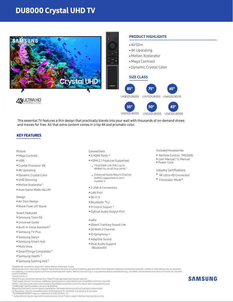 Page 1 de la notice Fiche technique Samsung UN75DU8000F