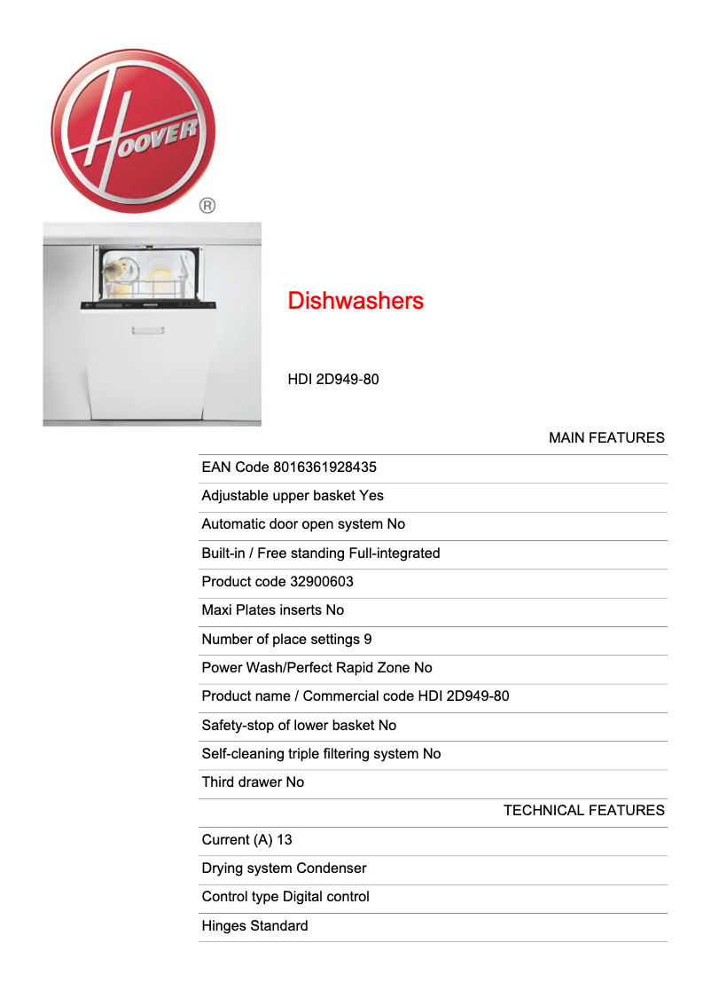 Page n°1 - Manuel utilisateur Hoover H-DISH 300 HDI 2D949-80