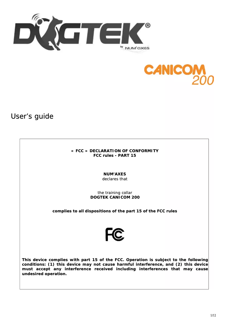 Page n°1 - Manuel utilisateur Canicom 200
