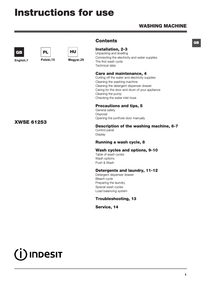Page 1 de la notice Manuel utilisateur Indesit XWSE 61253 W EU
