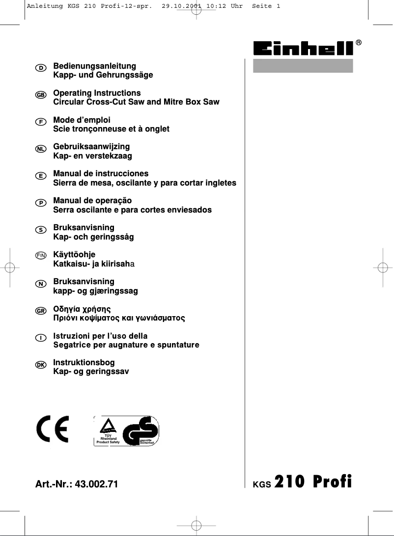 Page 1 de la notice Manuel utilisateur Einhell KGS 210 Profi