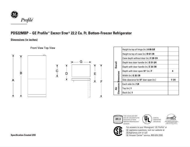 Página 1 del manual Ficha técnica GE PDS22MBPBB