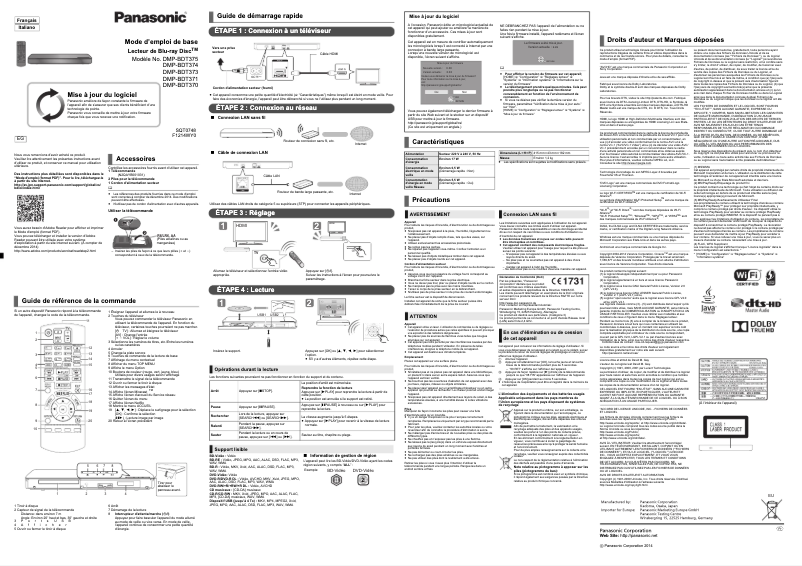 Page 1 de la notice Manuel utilisateur Panasonic DMP-BDT373