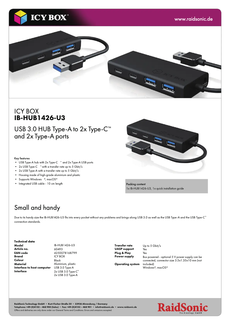 Página 1 del manual Ficha técnica Icy Box IB-HUB1426-U3