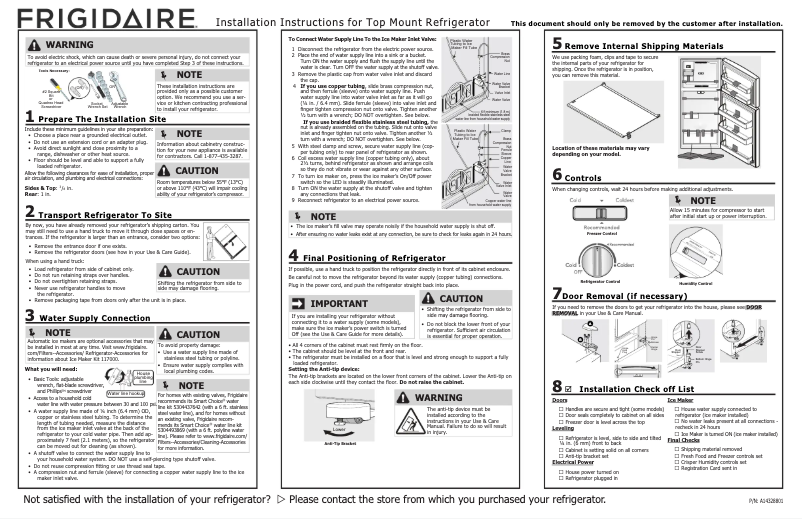 Page n°1 - Guide d'installation Frigidaire FFTR1814VW
