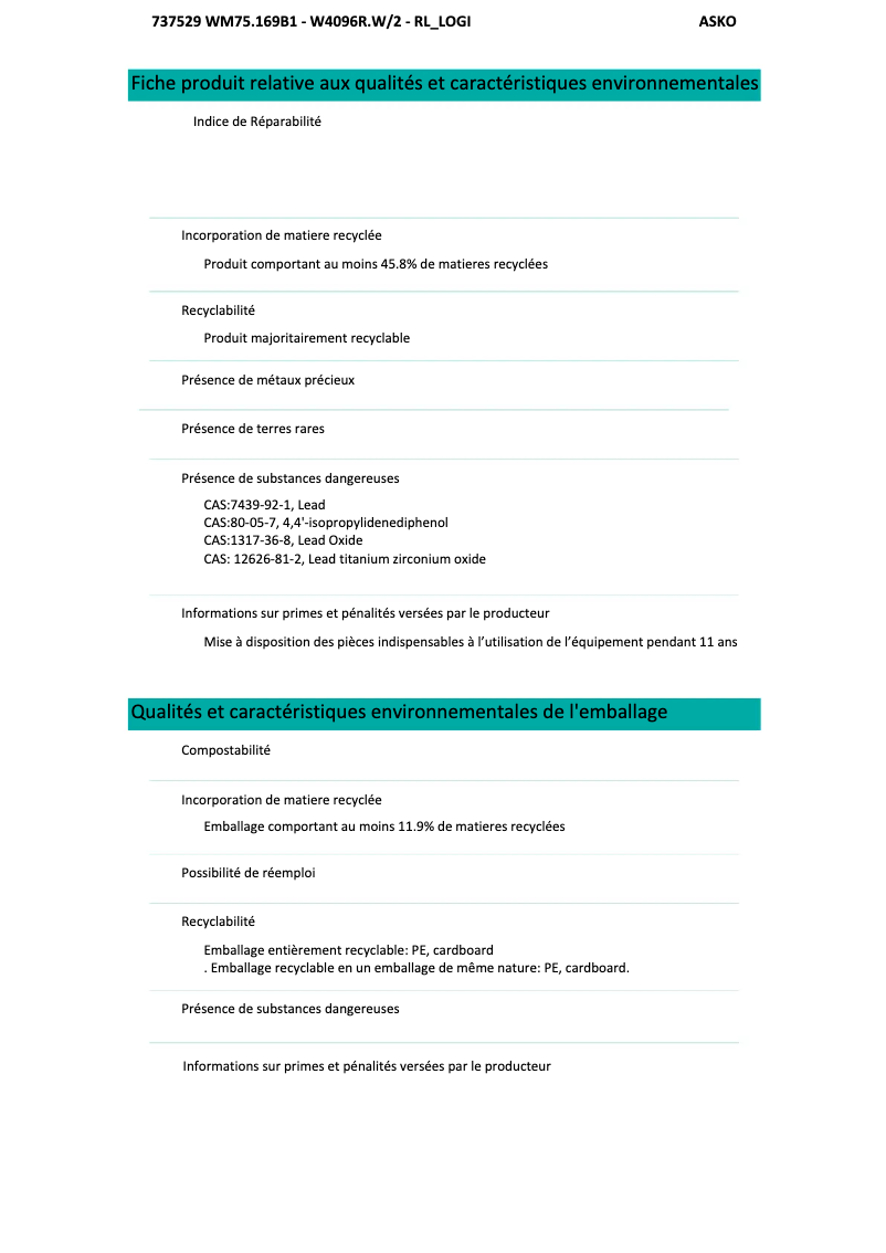 Page n°1 - Fiche technique Asko W4096P.W