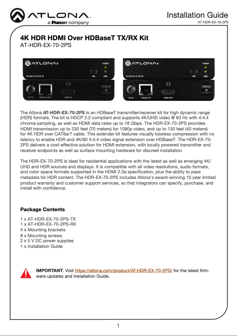 Page 1 de la notice Guide d'installation Atlona AT-HDR-EX-70-2PS