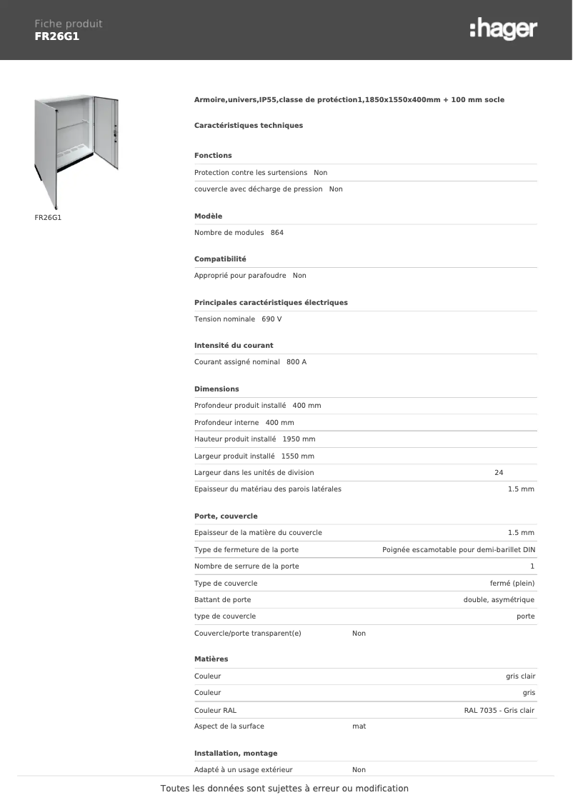 Page n°1 - Fiche technique Hager FR26G1