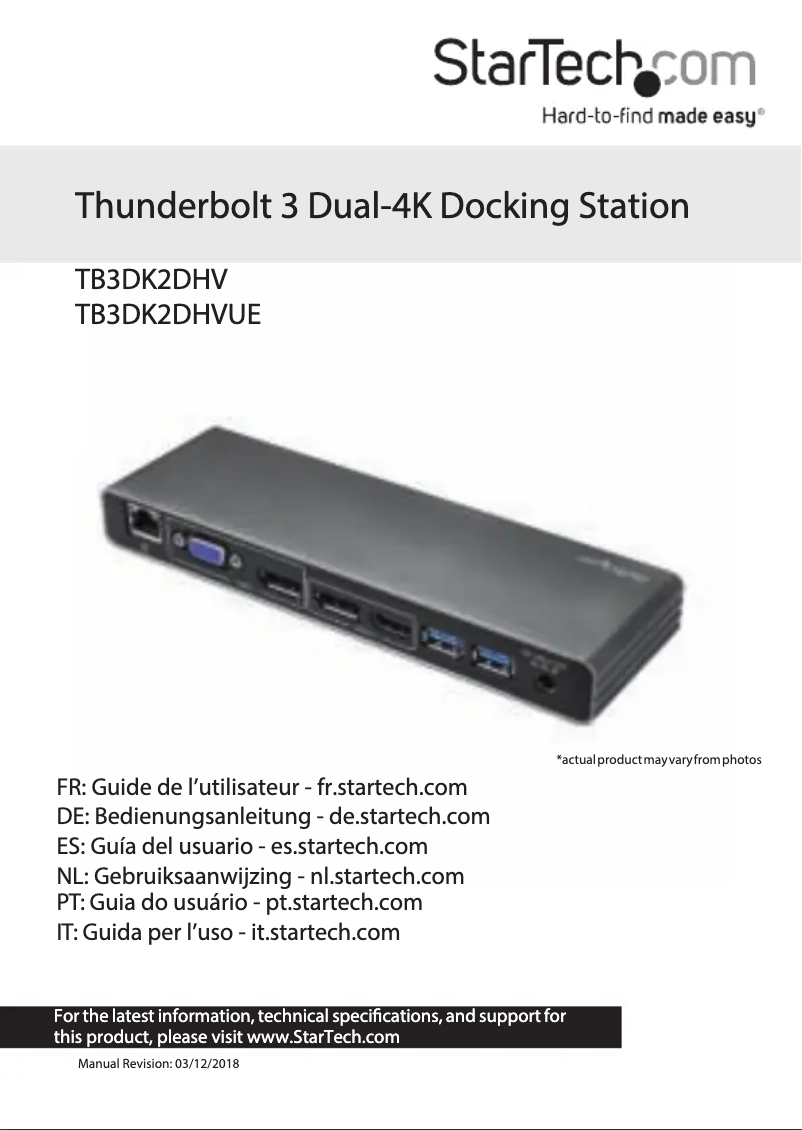 Page 1 de la notice Manuel utilisateur StarTech.com TB3DK2DH