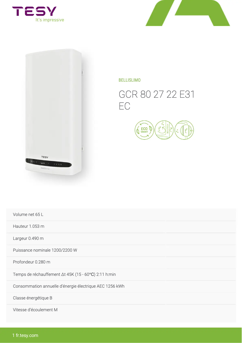 Page 1 of the manual Technical Sheet Tesy BelliSlimo 80