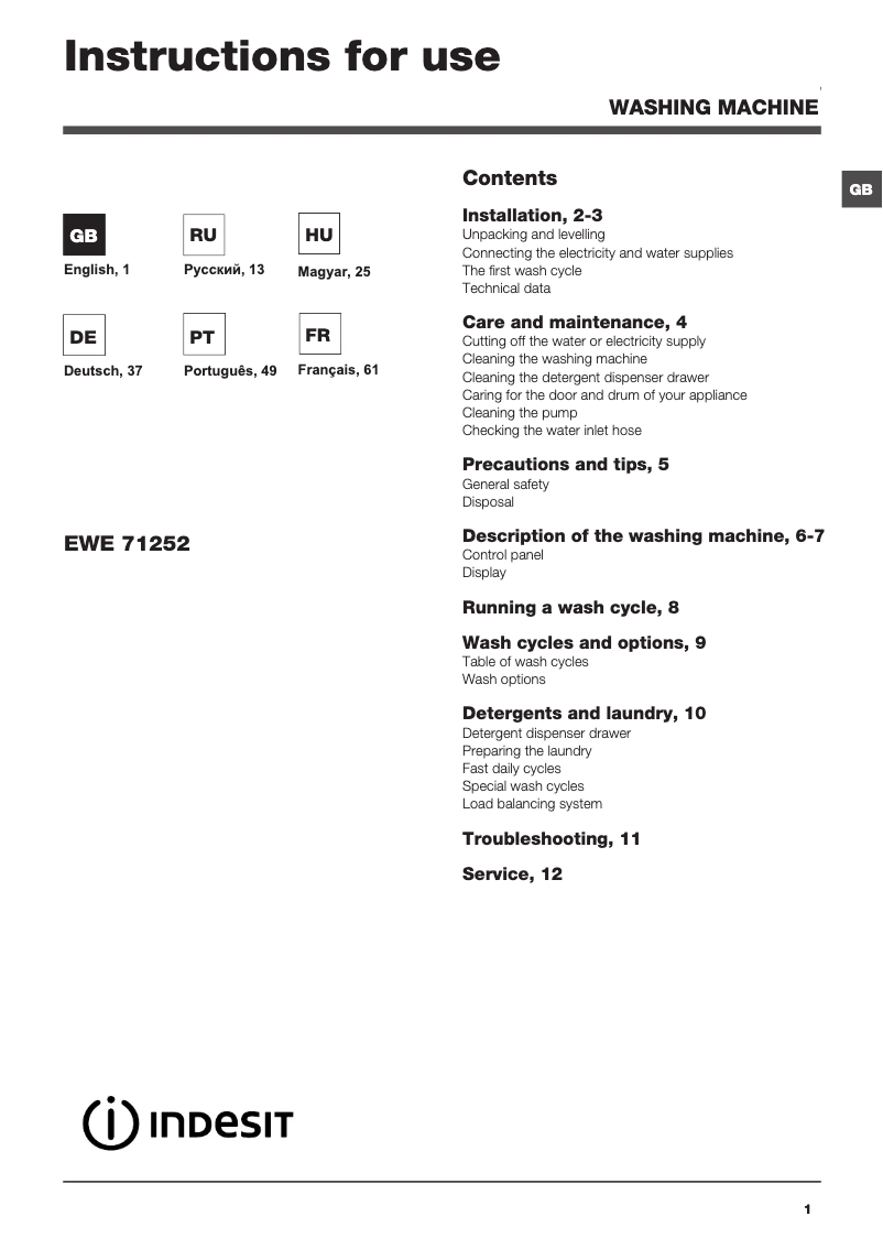 Page 1 de la notice Manuel utilisateur Indesit EWE 71252 W EU