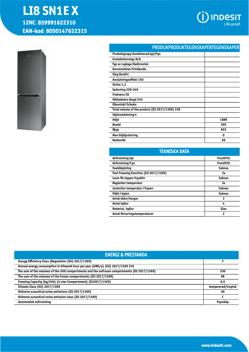 Page 1 de la notice Fiche technique Indesit LI8 SN1E X