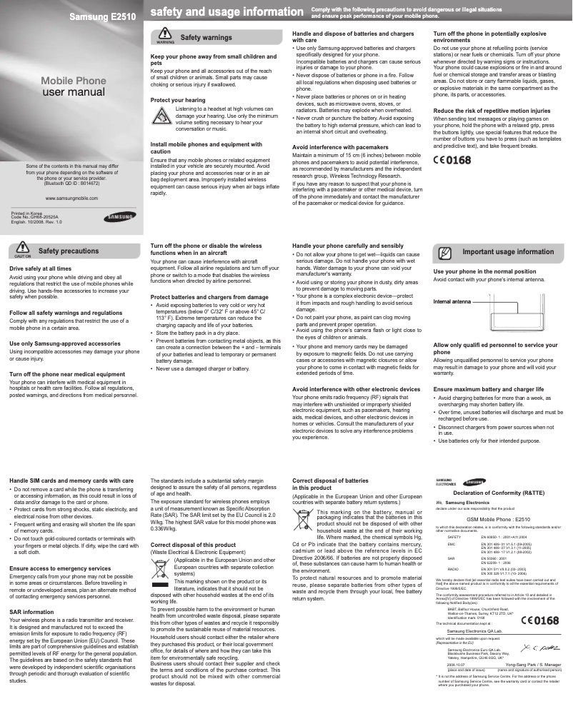 Page 1 de la notice Manuel utilisateur Samsung GT-E2510