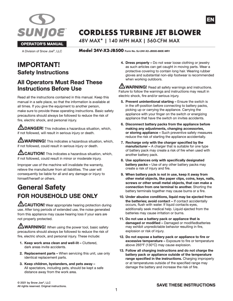Page 1 de la notice Manuel utilisateur Sun Joe 24V-X2-JB500-CT