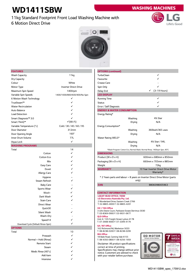 Page n°1 - Fiche technique LG WD1411SBW