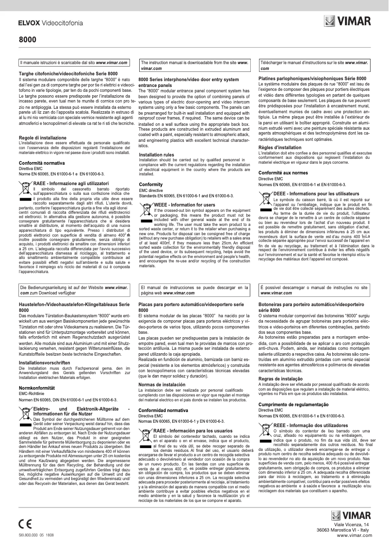 Page 1 de la notice Manuel utilisateur Vimar ELVOX 80CN