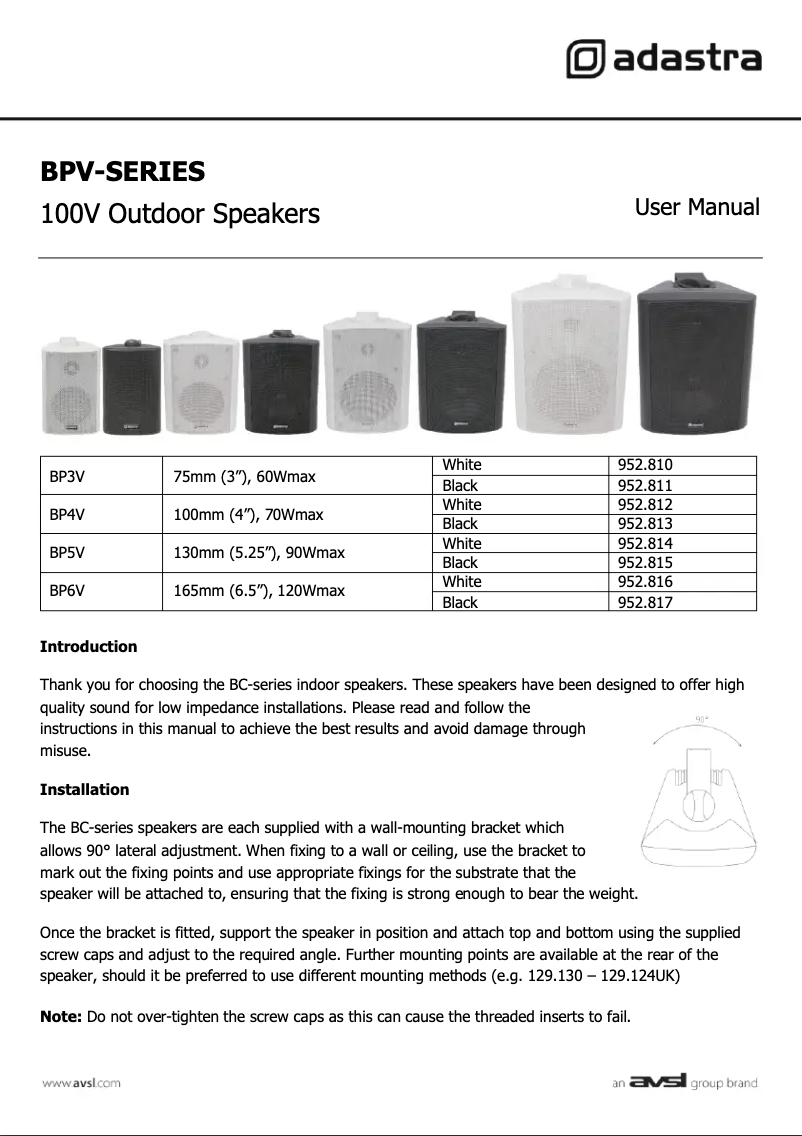 Page 1 de la notice Manuel utilisateur Adastra BP4V