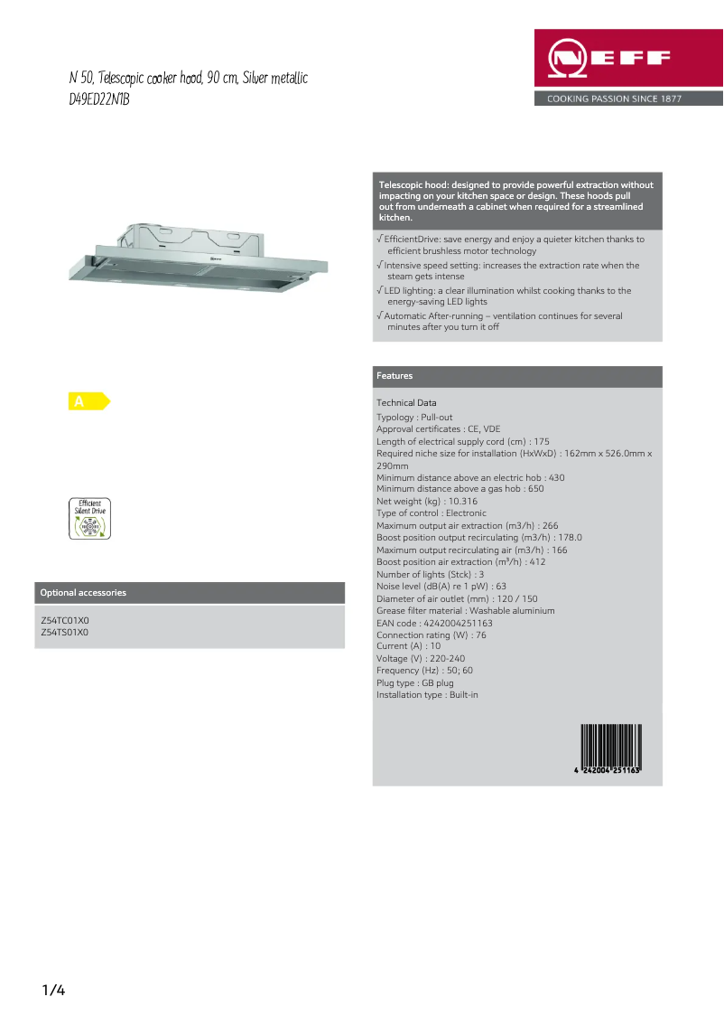 Page 1 de la notice Fiche technique Neff D49ED22N1B
