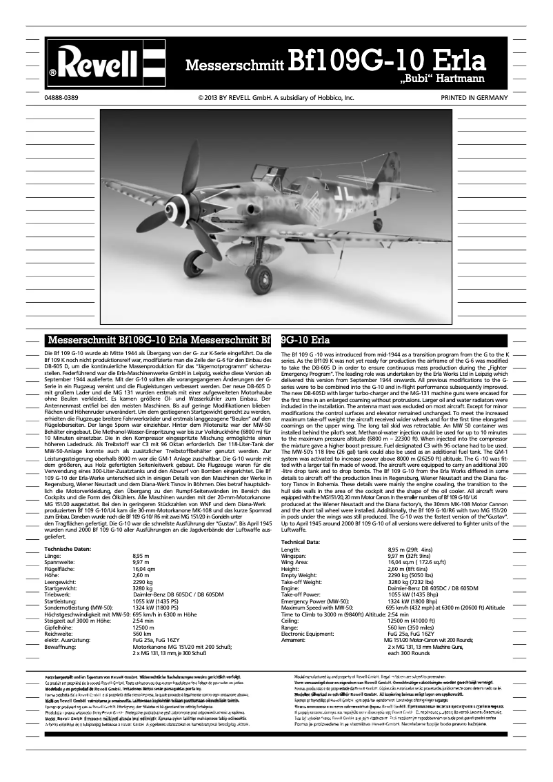 Image de la première page du manuel de l'appareil Messerschmitt Bf109 G-10 Erla Bubi Hartmann