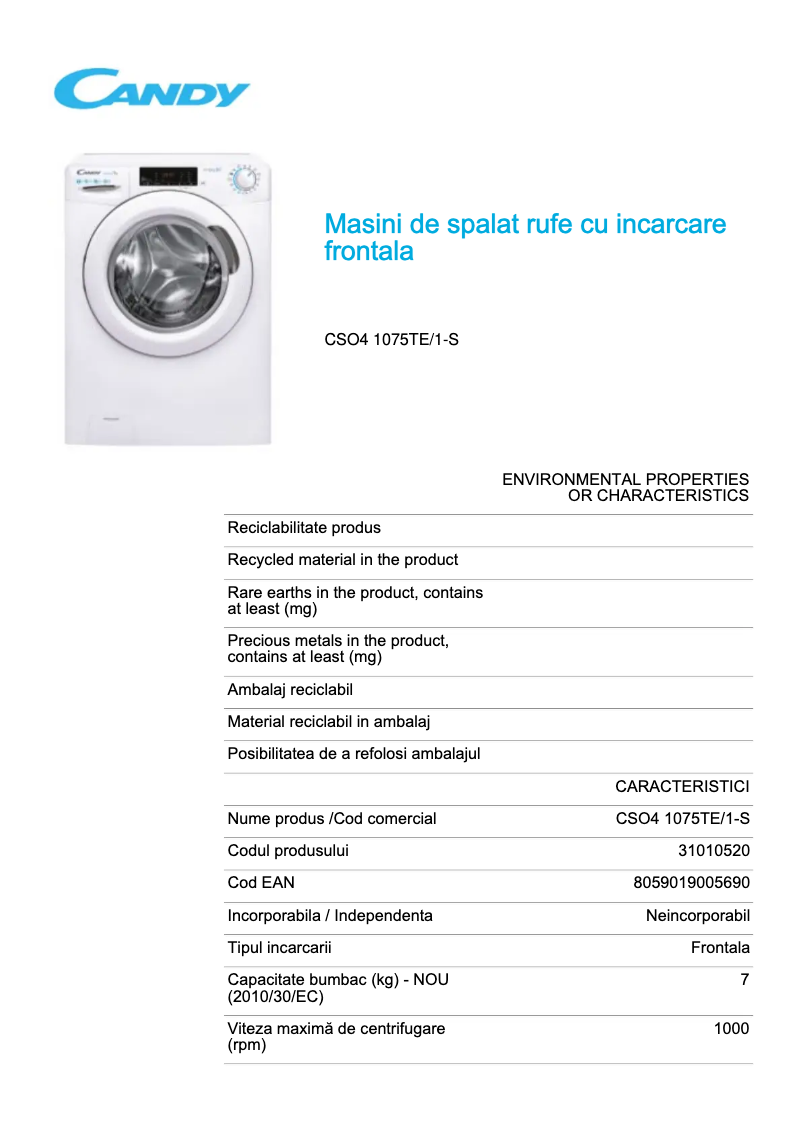 Page 1 de la notice Fiche technique Candy CSO4 1075TE/1-S