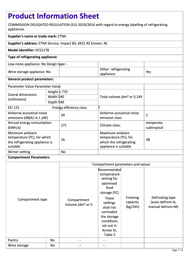 Page 1 de la notice Fiche technique Etna KCS1178