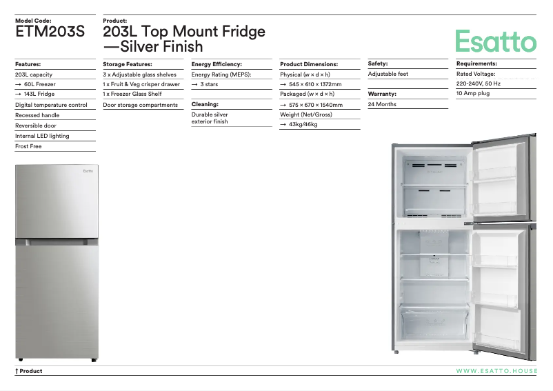 Página 1 del manual Ficha técnica Esatto ETM203S