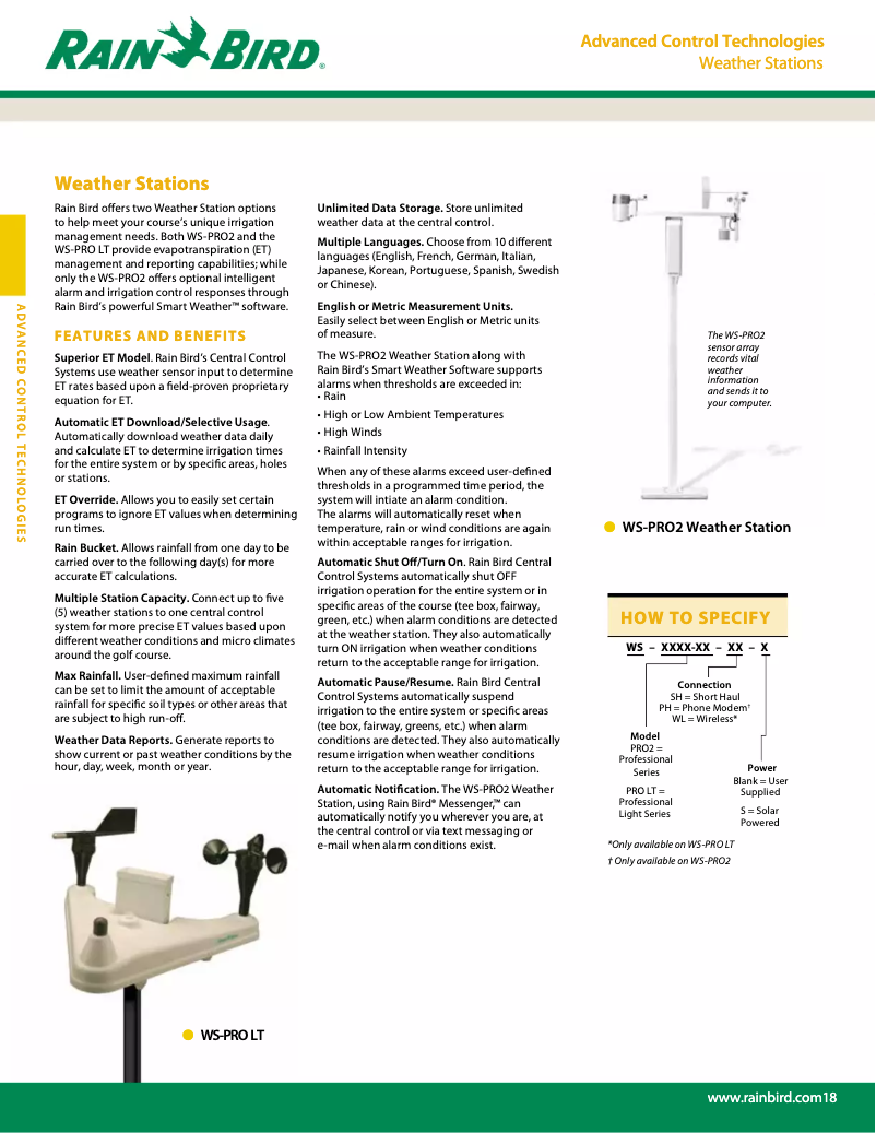Página 1 del manual Ficha técnica Rain Bird WS-PRO2