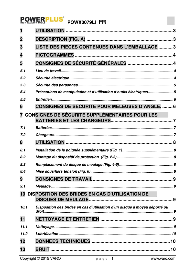 Page 1 de la notice Manuel utilisateur PowerPlus POWX0079LI