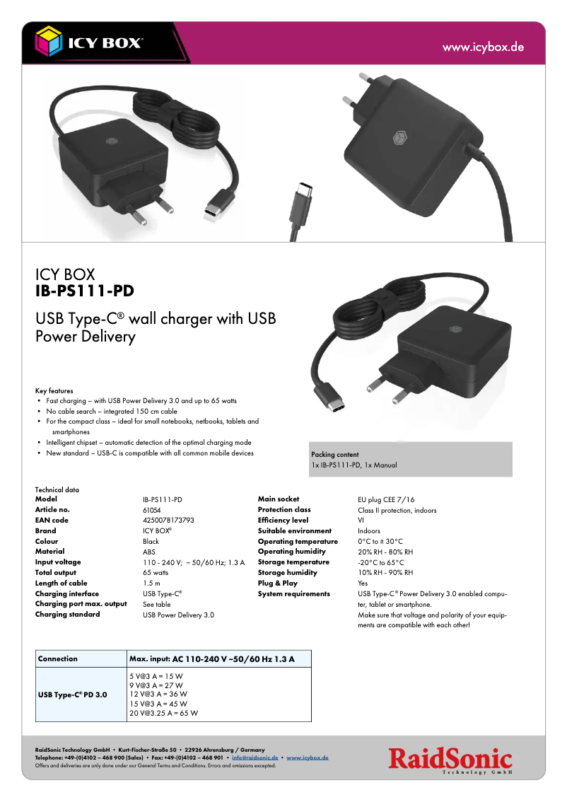 Page 1 de la notice Fiche technique Icy Box IB-PS111-PD