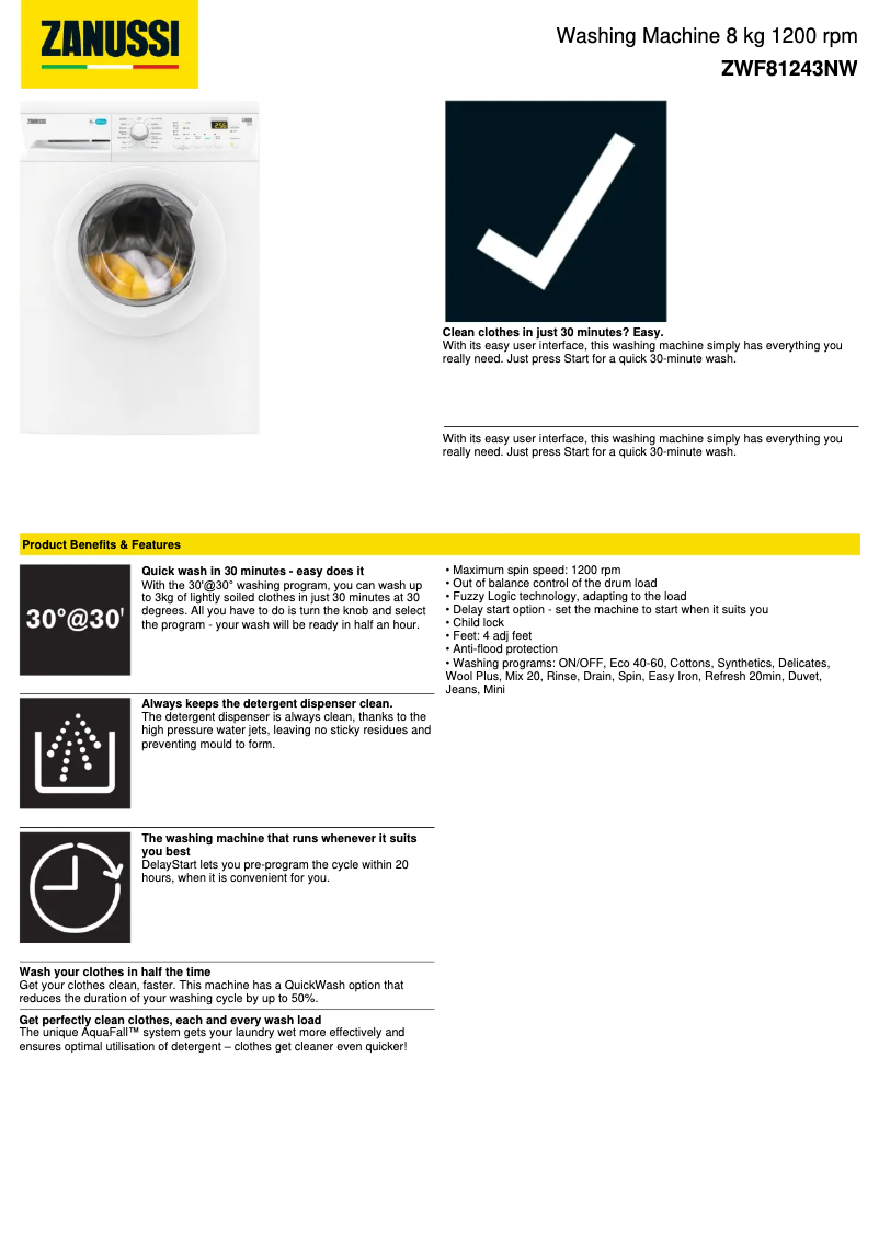 Page 1 de la notice Fiche technique Zanussi ZWF 81243 NW