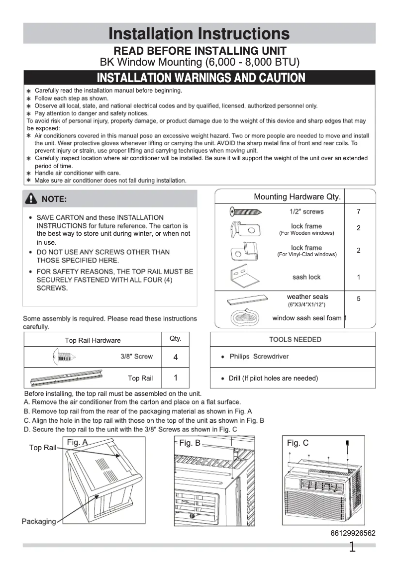 Page 1 de la notice Guide d'installation Frigidaire FFRA081ZAE