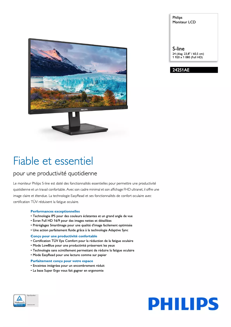 Page 1 de la notice Fiche technique Philips S Line 242S1AE