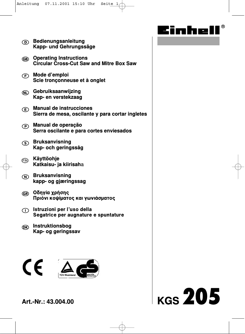 Page 1 de la notice Manuel utilisateur Einhell KGS 205