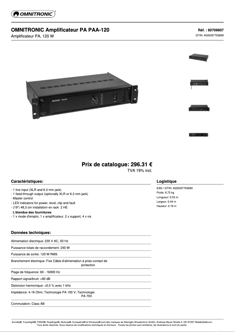 Page n°1 - Fiche technique Omnitronic PAA-120