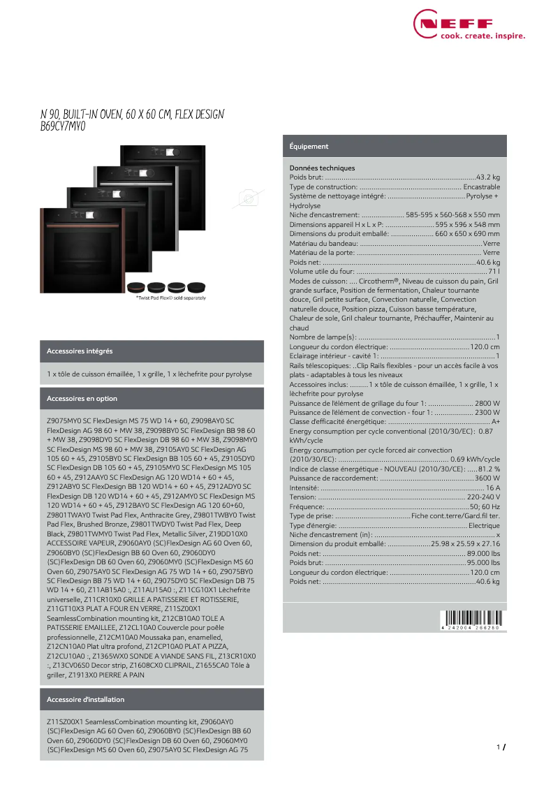 Page 1 de la notice Fiche technique Neff B69CY7MY0