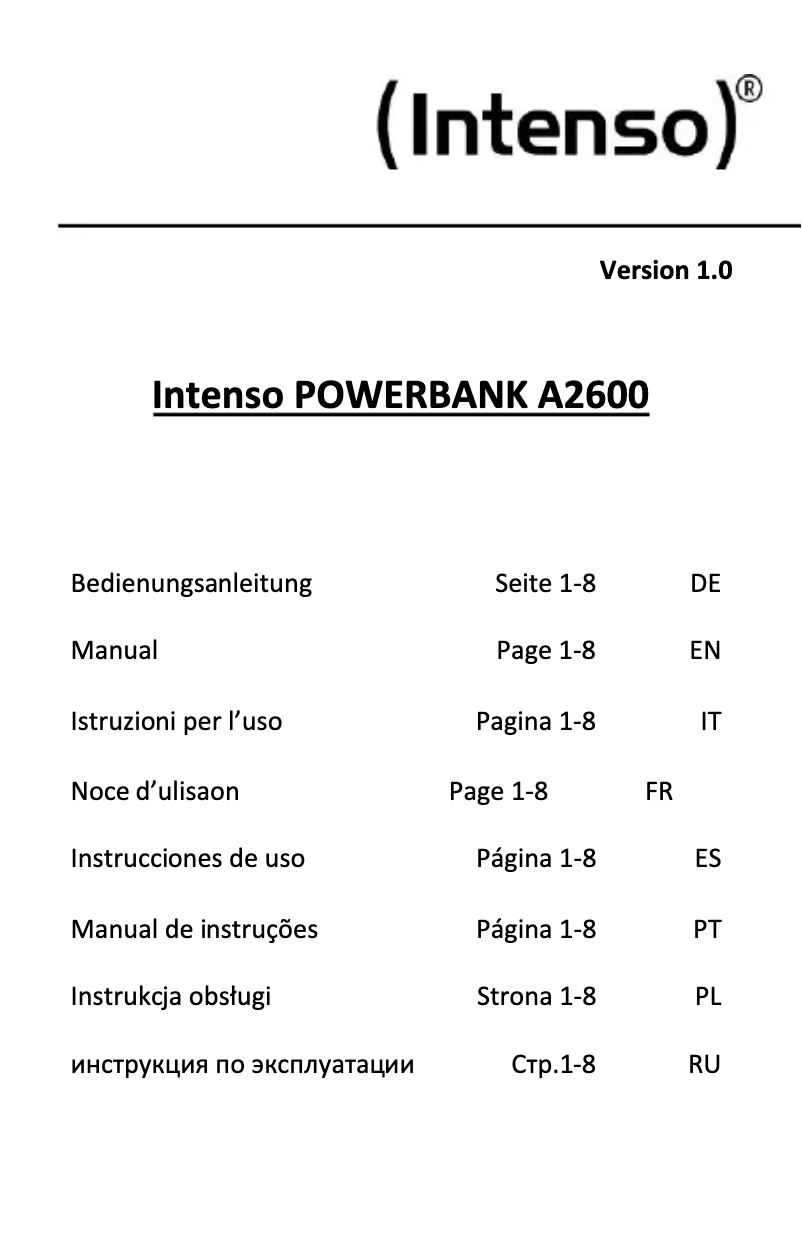 Page 1 de la notice Manuel utilisateur Intenso Powerbank A2600