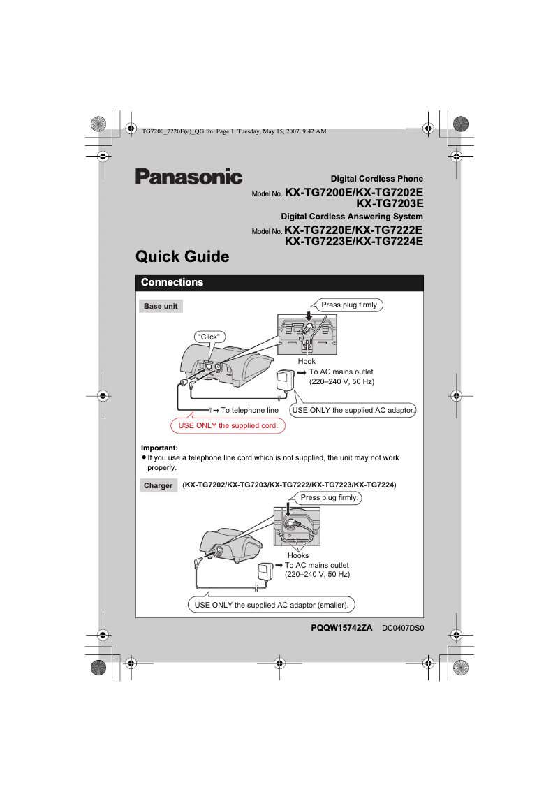 Imagen de la primera página del manual del dispositivo KX-TG7222E