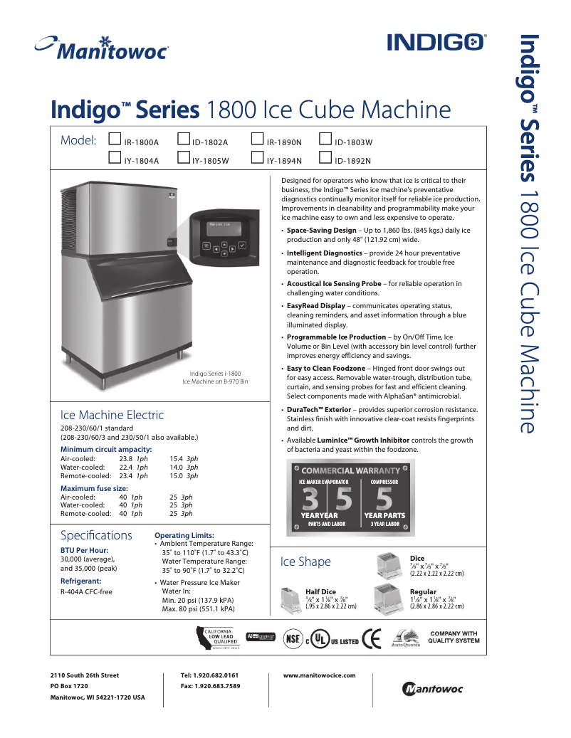 Page 1 de la notice Fiche technique Manitowoc ID-1802A