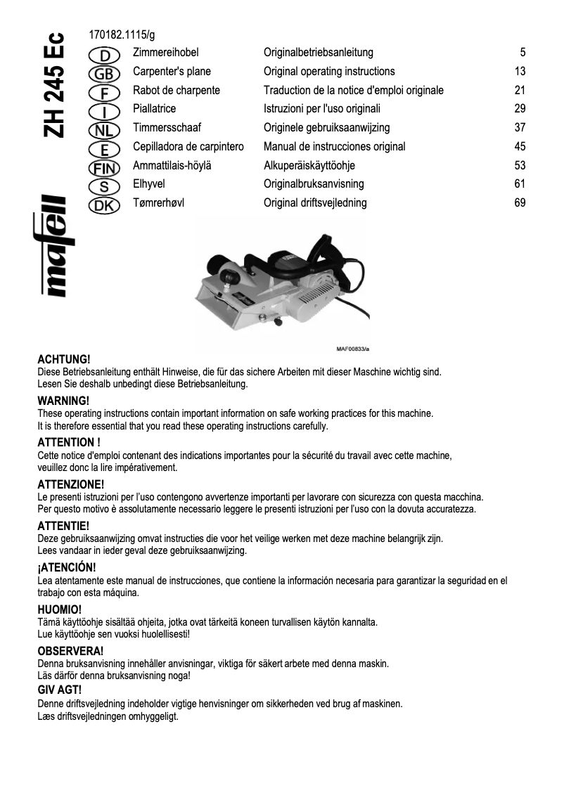 Page 1 de la notice Manuel utilisateur Mafell ZH 245 Ec